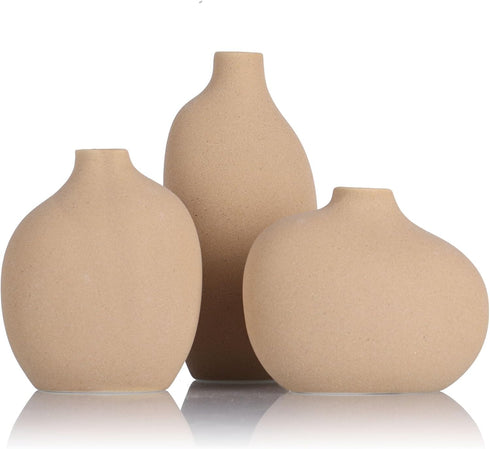 Small Tan Brown Ceramic Vase Set of 3,Bulk Mini Bud Vases for