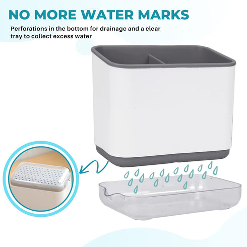 KeFanta Sink Counter Caddy – Plastic Dish Sponge Holder with Drain Tray, Kitchen Organizer (White)