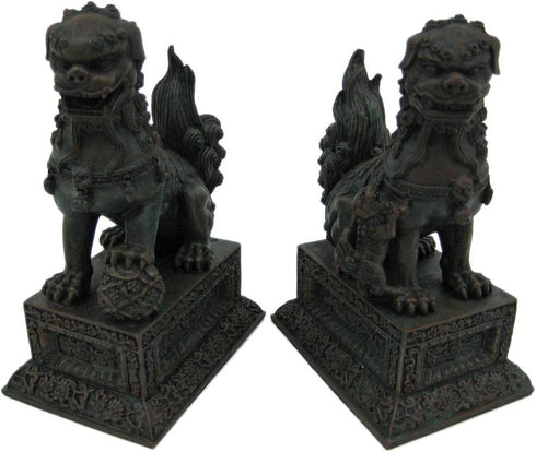 YTC Summit International, Inc. Pair of Chinese Lions Stone Guardian Figurines Set of 2 on Engraved Base