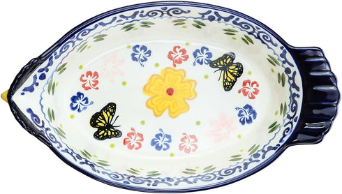 Vintage Chicken Shape Pie Pan, Butterfly and Flower Pattern Ceramic Bakeware Casserole Dish, 25 OZ Baking Pan for Oven