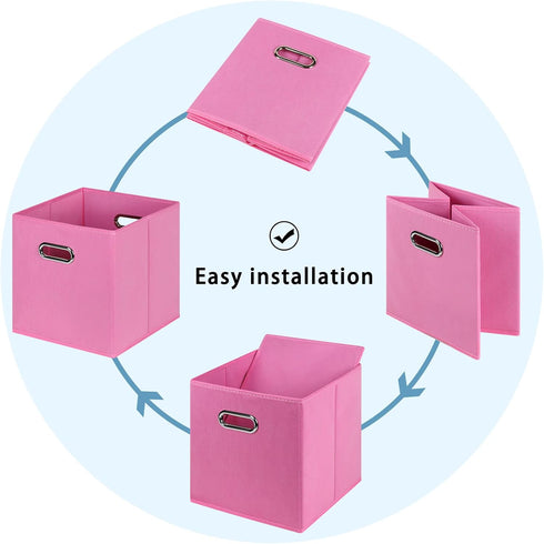 Fabric Cubby Storage Bins, Set of 3 - 13x13x13 Inches Foldable Organizer Bins with Dual Handles in Pink