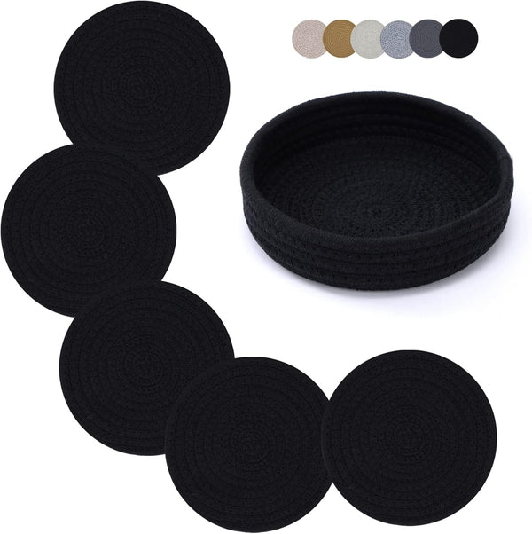 Trivets for Hot Dishes, 7 Inch Hot Pads, 5 Pcs Cotton Table Protector Mats with Storage Basket for Kitchen
