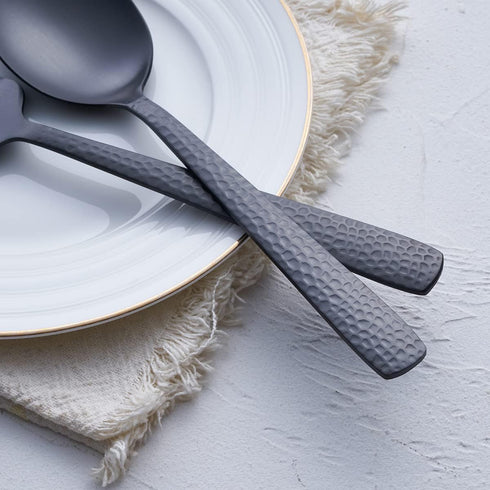 Matte Black Serving Utensil Set, 9.5-inch Stainless Steel Large Serving Spoon and Fork with Satin Finish