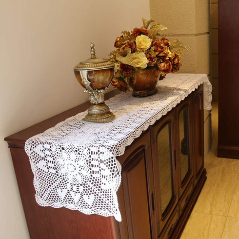 Damanni White Rectangular Cotton Handmade Crochet Lace Table Runner Doilies, 16 Inch by 63 Inch Décor