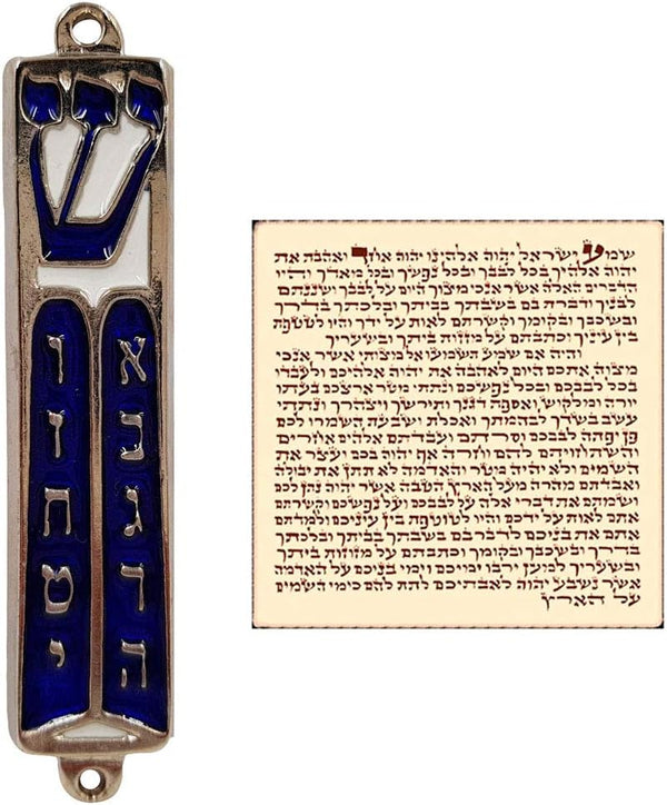 TALISMAN4U Ten Commandments Mezuzah with Scroll, Silver Tone Blue Enamel Israel Door Mezuza, 3.5 Inch