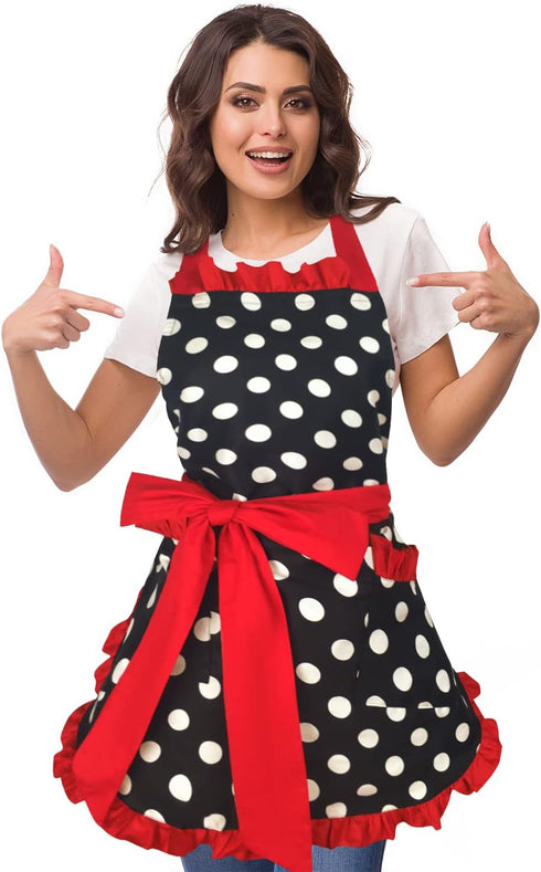 Violet Mist Vintage Apron for Women with Pockets, Cute Polka Dot Retro Stylish Apron (Red)