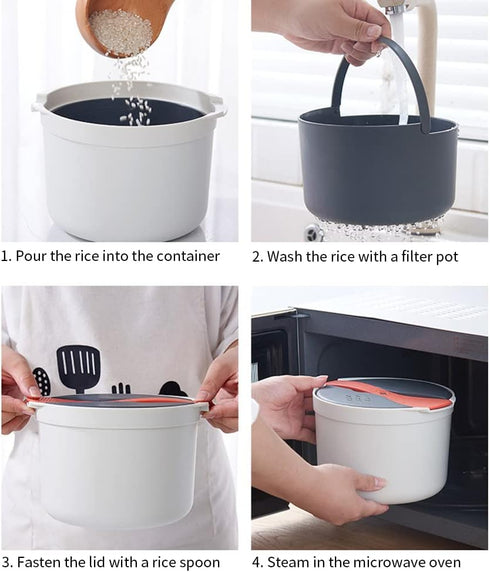 Microwave Rice Cooker, 2L Steamer Pasta Cooker, Food Grade PP Set with Strainer, 4PCS (Orange)
