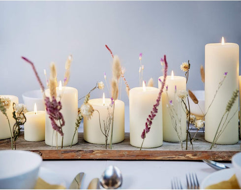 BOLSIUS 6 Ivory Pillar Candles Bulk - 3x3 Inches Set, 25+ Hours Clean Burning, Unscented Dripless Dinner Pillars