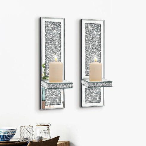 Pibeyer Set 2, Crystal Crush Diamond Wall Candle Holder of Silver Mirrored Candle Sconces, Home Wall Decoration