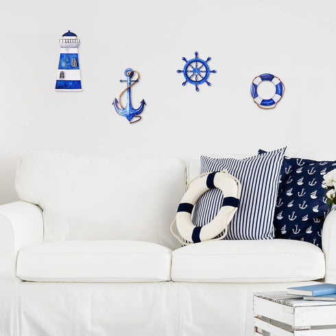 Yookeer 4 Pcs Beach Coastal Wall Decor, Nautical Bathroom Decor, Wood Lighthouse, Ship Wheel, Anchor Wall Art Signs