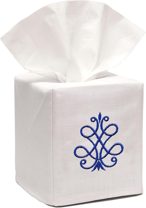 Jacaranda Living Square Tissue Box Cover, Decorative Cloth Tissue Holder, Scrolls Design, China Blue