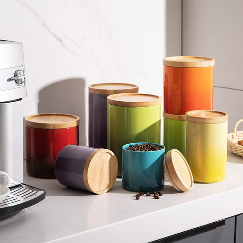Sweejar Ceramic Food Storage Jar, Stackable Kitchen Canisters with Airtight Seal Wooden Lid for Coffee, Tea, Sugar