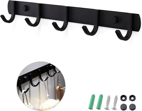 Ihomepark Wall Mounted Coat Hooks, Heavy Duty Metal 5 Coat Hanger Rack for Coat, Hat, Towel, Purse, Keys (Black)