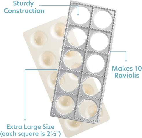 Ravioli Mold with Extra Large 2 1/2 Inch Squares, Makes 10 Italian Raviolis at a Time