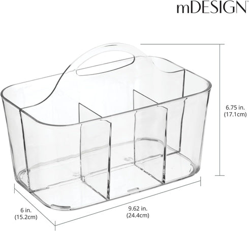 mDesign Clear Plastic Cutlery Storage Organizer Caddy Bin Tote with Handle - Divided Pantry Basket for Forks, Knives,