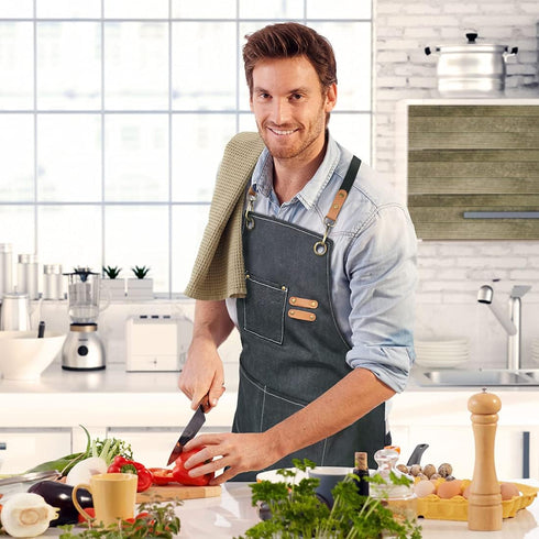 Chef Apron, Cross Back Cotton Canvas Apron for Women and Men with Adjustable Straps and Large Pockets