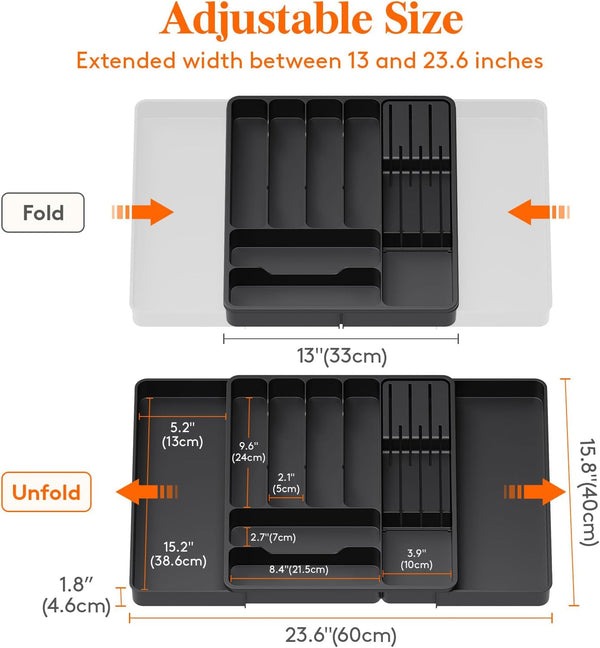 Lifewit Silverware Organizer for Kitchen Drawers, Expandable Utensil Tray with Removable Knife Block, Adjustable Cutlery and Flatware Holder, Plastic Spoon Forks Holder Storage Divider, Large, Black by Lifewit