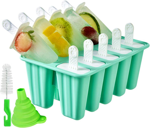 Popsicle Molds, 10 Pieces Reusable Silicone Ice Pop Maker with Easy Release (10 Cavities-Green)