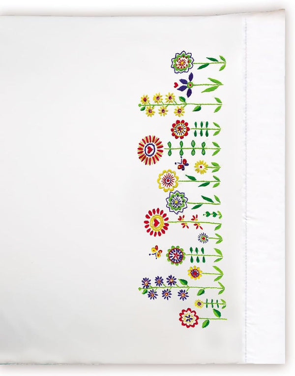 Tobin Stamped Pillowcases, Floral Whimsy, 20" x 30" Embroidery Kit, White with Multicolor