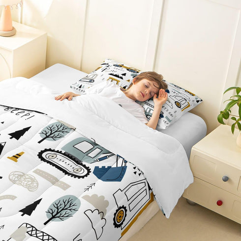 Set Set Set 2Pcs 1 Feelyou Cartoon Car Kids Comforter Construction Bedding for Boys Toddler Decor Equipment Trucks