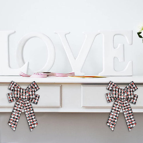 Hying 2 PCS Valentine's Day Bows for Wreath, Black White Buffalo Plaid Bows with Glitter Red Heart Bow for Party