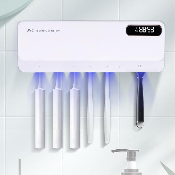 ZOZOO UV Toothbrush Sanitizeri Holder with 99.9% Cleaning,Air Dry,Heating,5+1+1 Slots,12 Hour Memory,Rechargeable