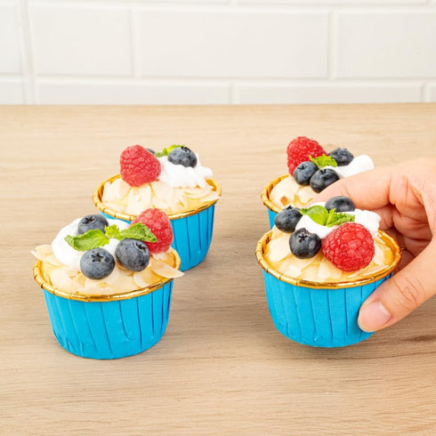 Restaurantware Panificio 3.5 Ounce Baking Cups, 50 Greaseproof Foil Cups, Oven-Ready Blue Muffin Liners