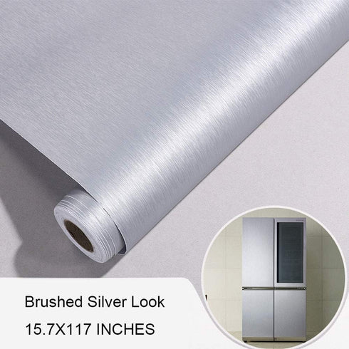 Self Adhesive Brushed Silver Stainless Steel Contact Paper for Refrigerator Dishwasher Stove Oven Doors Appliances Kitchen Countertop Cabinets Furniture 15.7x117 Inches by GLOW4U