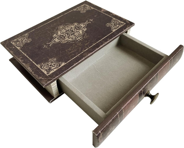 Vintage Decorative Book Storage Box with Drawer, Distressed Dark Brown Faux Leather