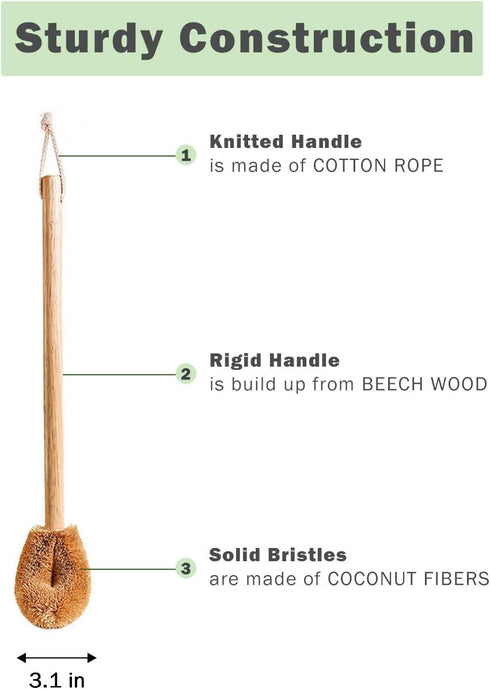 Updated Modern Toilet Bowl Brush, Natural Coconut Fiber Brush Head with Beechwood Handle, Eco-Friendly