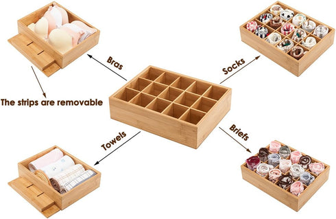 GOBAM Bamboo Closet Drawer Divider - Storage Organizer with 15 Compartments for Belts, Ties, Jewelry