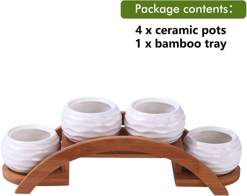 Set, Pack 4, E-liu Succulent Pots and Stand Ceramic White Succulent Planter Pot with Drainage, of Cute Office Garden