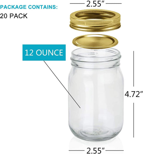Encheng 12 oz Glass Jars with Lids and Bands, Clear Regular Mouth Mason Jars for Storage, Set of 20