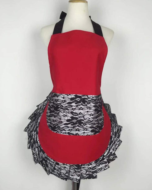 Hyzrz Cute Lace Flirty Apron with Pocket, Retro Sexy Cooking Pinup Apron for Women Girls (Red)