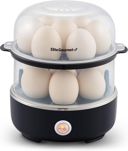 Elite Gourmet EGC1215B Easy Egg Cooker, Stainless-steel Heating Plate, Two-Tiered, 14-Egg Capacity,