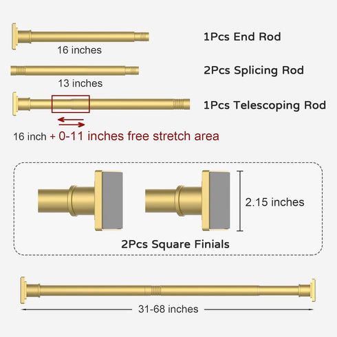 Gold Shower Curtain Rod, 31-68 Inches, Non-Slip Tension Mounted, No Drill Adjustable Curtain Rod for Windows and