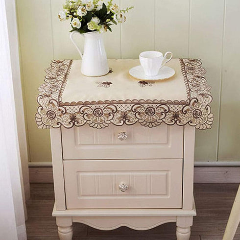 22" LeLehome Square Classic EmbroideredTablecloth, Vintage Brown Flower Beige Small Table Cloth Bedside Nightstand Tea
