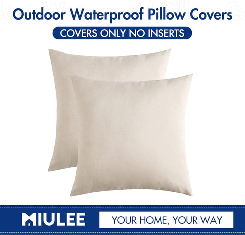 MIULEE Decorative Outdoor Throw Pillow Covers, 2 Pack Solid Waterproof Faux Linen Cushion Cases 18x18 Inch Beige