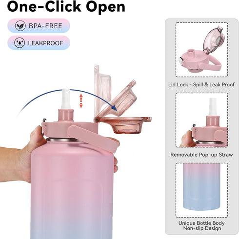 Half Gallon Stainless Steel Water Bottle, Insulated with AutoLock Spout, 64 oz Leakproof (Pink-Blue Gradient)