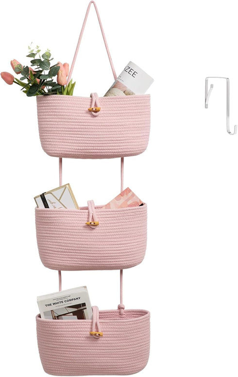TeoKJ Over the Door Hanging Baskets with Button Strap, 3-Tier Woven Cotton