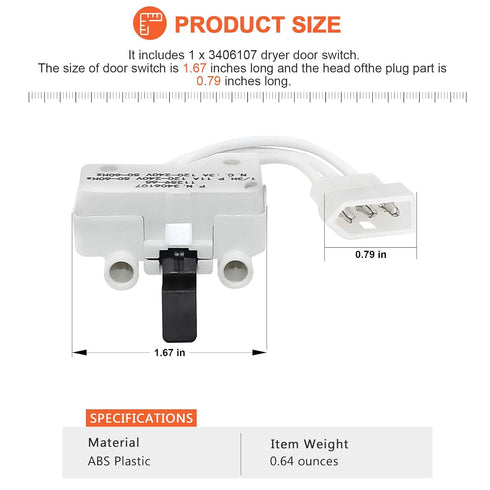 WP3406107 Dryer Door Switch by Beaquicy - Replacement for Whirlpool, Ken-More, Roper, Amana, Crosley Dryer