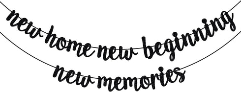 New Home New Beginning New Memories Banner, Housewarming Decoration for New Couple First Home, Black Glitter