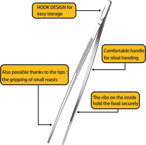 JETKONG 12-Inch Extra-Long Kitchen Tweezers, Fine Tweezer Tongs in Stainless Steel for Cooking