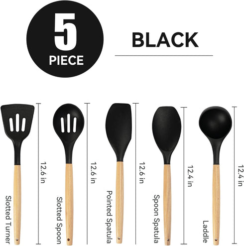 Kitchen Utensils Set, 5 Pcs Non-Stick Silicone Cooking Utensils with Wooden Handle, Heat Resistant Gadgets