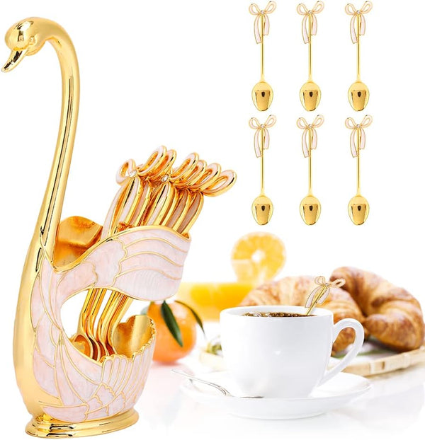 6PCS Coffee Spoons Set, Dessert Spoons with Swan Base Holder, Stainless Steel Small Spoons for Ice Cream
