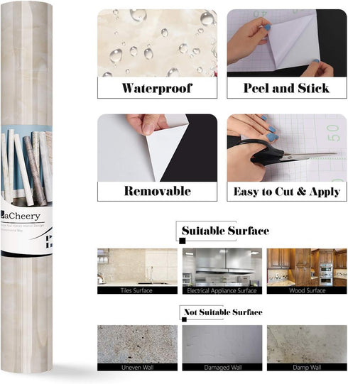 LaCheery Beige Marble Contact Paper for Countertops, Waterproof Marble Look Peel and Stick Wallpaper for Kitchen