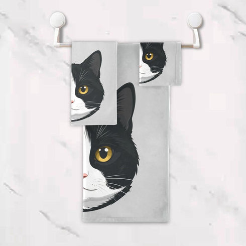Aslsiy Set 3 Cute Black White Cat Towel Pcs Kitten Kitty Bath Hand Towels Washcloth Soft Thin Durable Towel