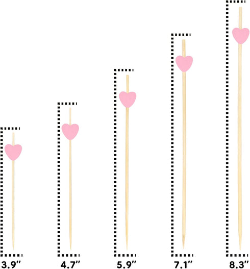 BambooMN 7.1 Inch Pink Heart Bamboo Food and Drink Pick Skewers – 100 Pieces for Catered Events
