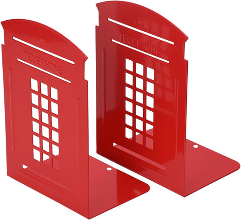 MerryNine 2pcs Metal Book Ends, Non Skid Heavy Bookends for Shelves, Telephone Booth Decorative Organizers (Red-2pcs)