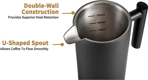 Miuly Black Coffee Press, Stainless Steel French Press Coffee Maker, 350ml/12oz with 2 Filter Mesh, Black